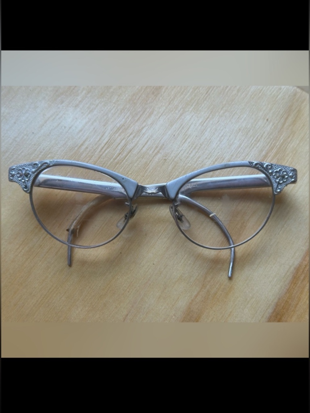 Vintage 1940s Artcraft Cat Eye Glasses Floral Engraved Retro Frames